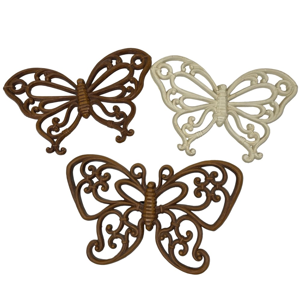 Vintage Homco Butterfly Wall Art 3 Brown Cream Faux Wood Plastic 70s Boho MCM